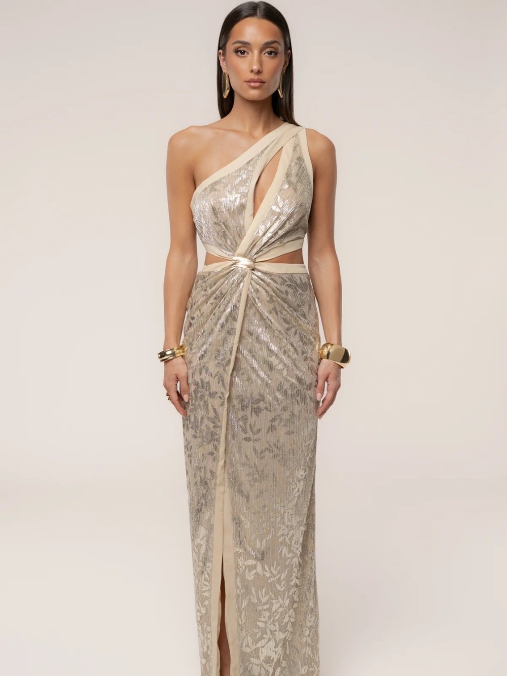 JLUXLABEL One-Shoulder Gold Sequin Twist Waist Evening Gown